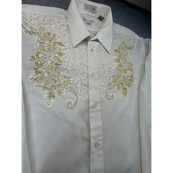 Moda Bianco Dress Shirt Pearl Beaded Floral Sequin Western Cowboy Cream White - Picture 7 of 13